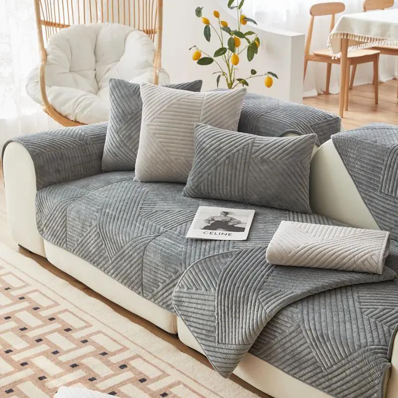 Tykk plysj Sofatrekk Geometriske Striper Sofa Håndkle Anti-skli Kombinasjon Sofa Pute Sliptrekk for stuebeskyttelse