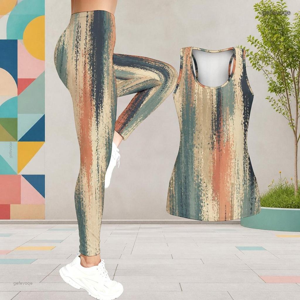 Women Plus Size Printed Scoop Neck Sleeveless Longline Tank Top Fitted Pants Two Piece Set