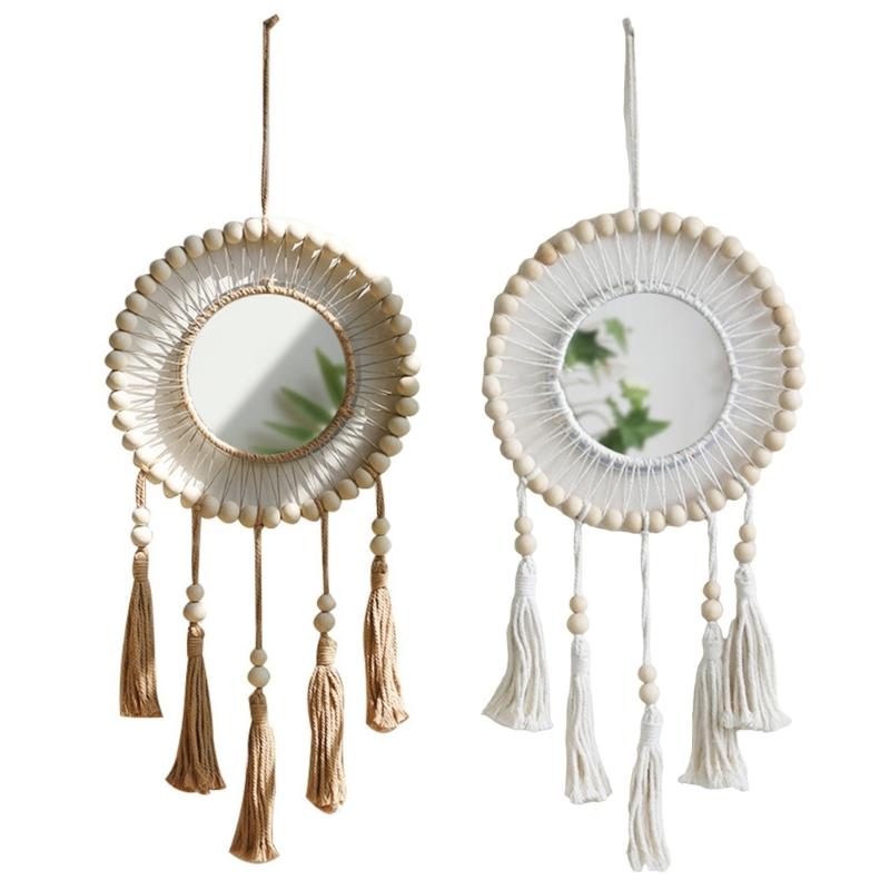 Bohemian Handmade Wood Beads Woven Tassels Wall Hanging Mirrored Macrames Tapestrys Decorative Mirrored for Bedroom
