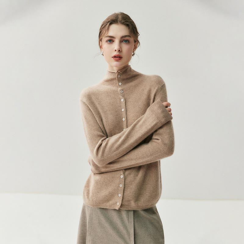 Damen Kaschmir-Strickjacke mit gerolltem Saum - Herbst/Winter Neuheit; Weicher, vielseitiger einreihiger Rollkragenpullover mit mehrknöpfigen langen Ärmeln