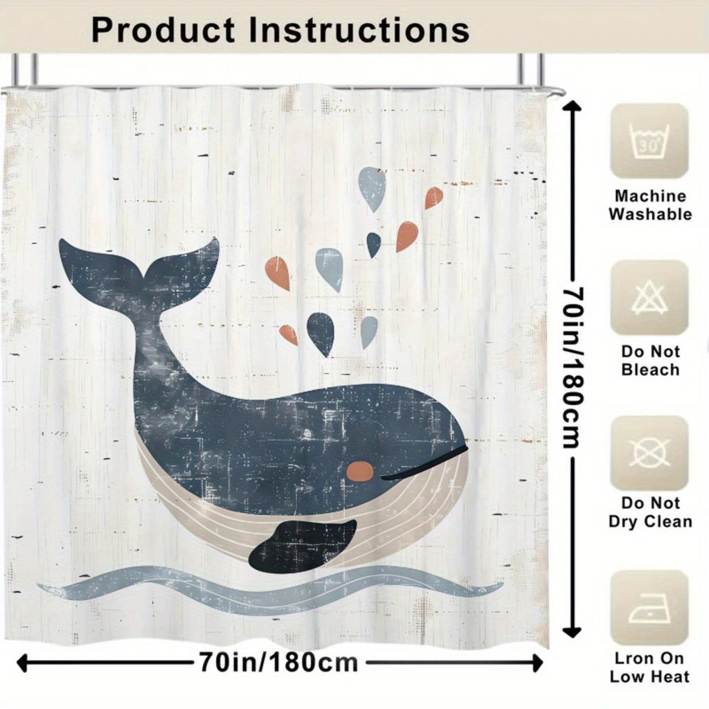"Whale Shower Curtain, Waterproof Fabric Bathroom Decor, Cartoon Animal Print For Kids Room, Rustic Style With Waves And Dots"