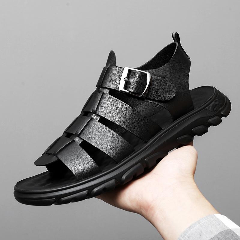 Fashion 2025 Mens Casual Outdoor Slippers Men's Hollow Out Summer Roma Sandals Leather Thick-soled Beach Shoes Non-slip Handmade Sandals