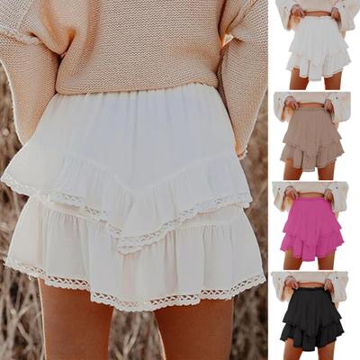 Mini Skirt with Hollow Crochet Design High-Waisted Style Double Layer Ruffle Hem Short Skirt Solid Color Cake Skirt