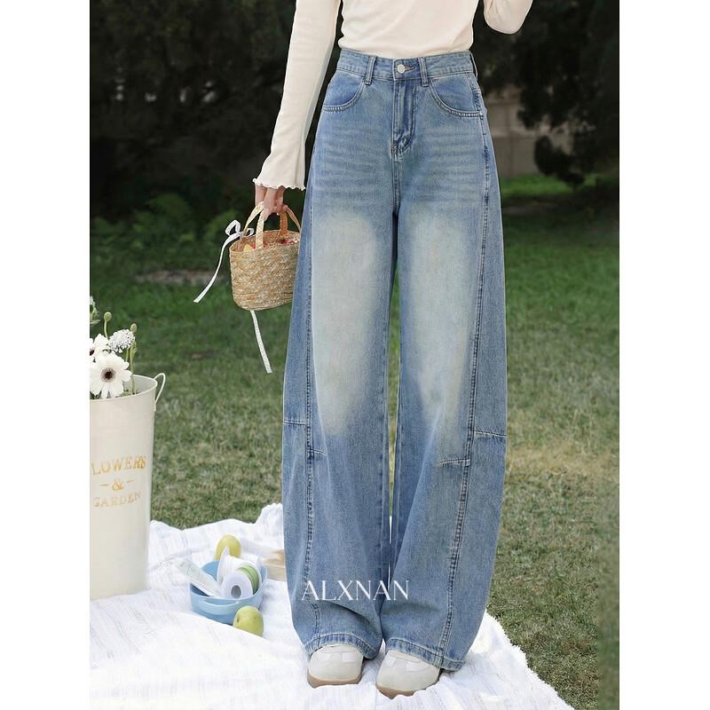 Luxiangnan Women's Blue High-Waisted Wide-Leg Jeans