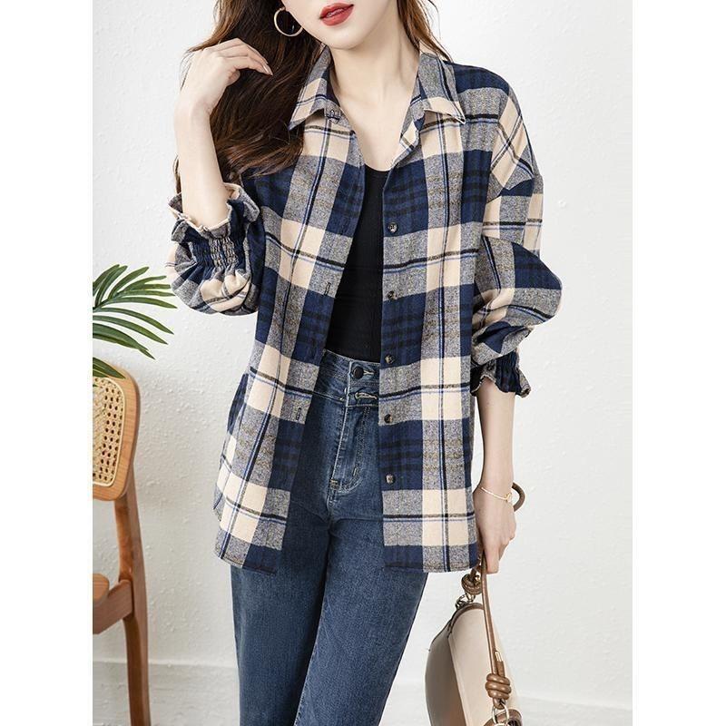 Autumn Hong Kong Style Retro Plaid Shirt for Women Loose Medium To Long Korean Style Plaid Coat