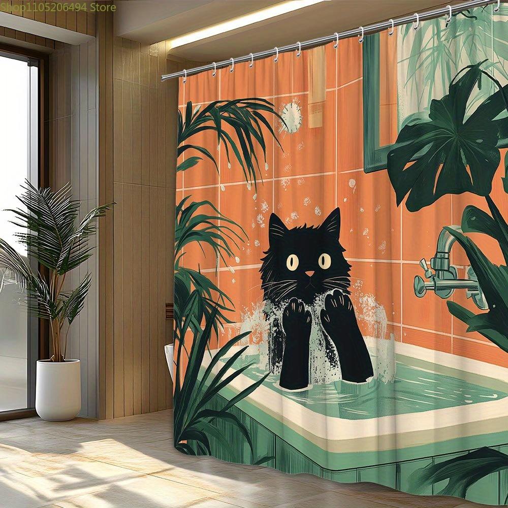 1pc Playful Black Cat in Bathtub Shower Curtain - Whimsical Cartoon Design with Orange Tiles & Green Plants, Durable Polyester