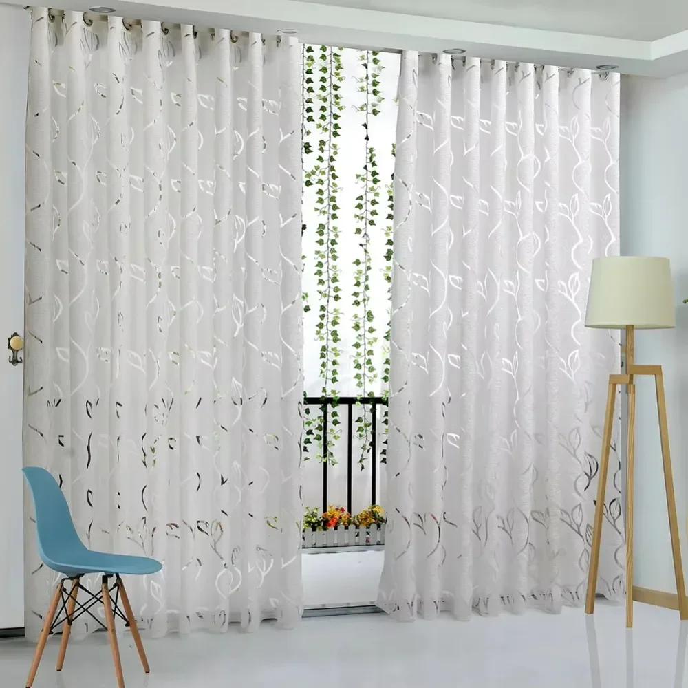 

100CM Blackout Curtain Fashion Vine Leaf Pattern Embossed Tulle European Simple Elegant Romantic Durable for Living Room Decor W100xH200cm