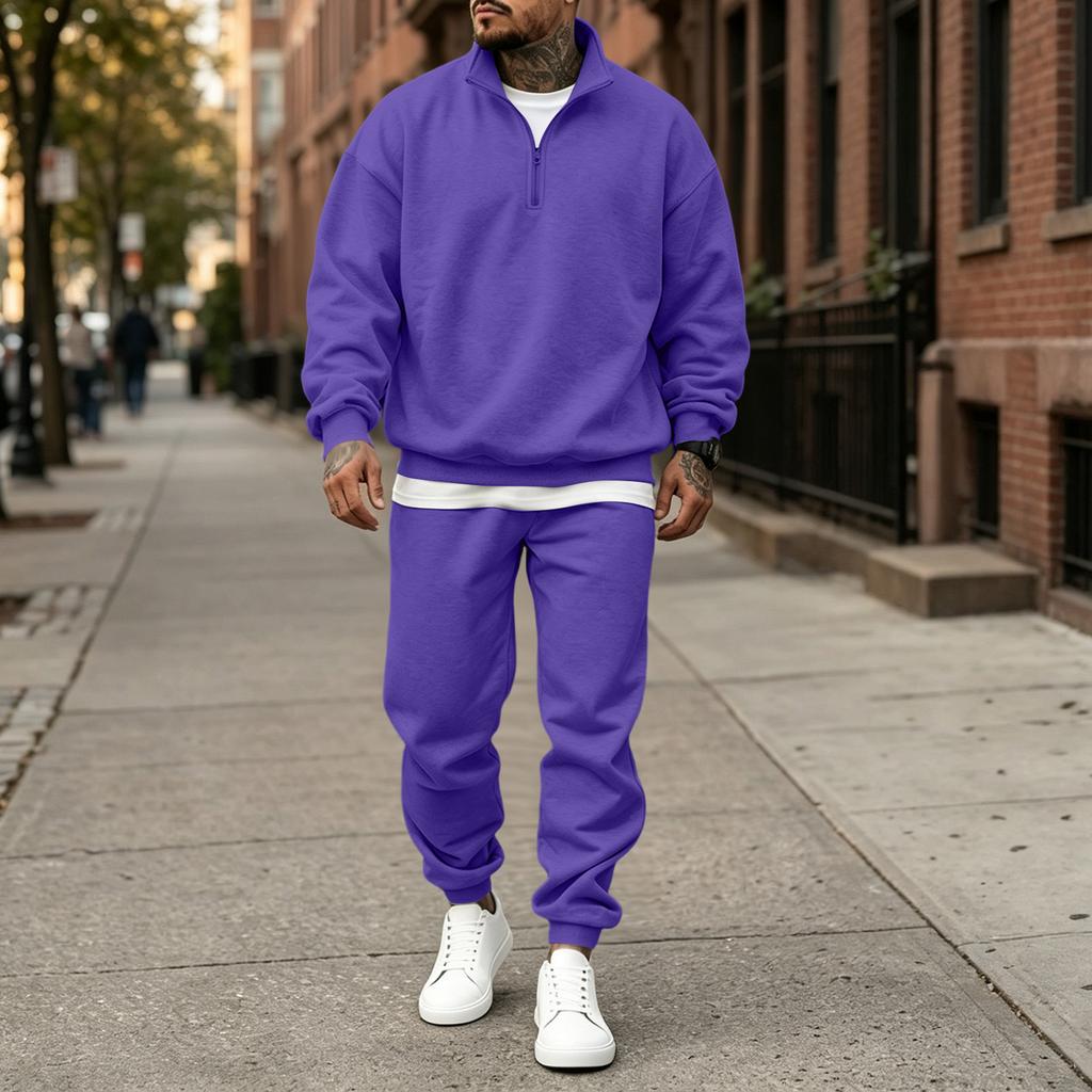 Men's Casual Loose Fit Lined Stand Collar Sweatshirt Set for Fall and Winter