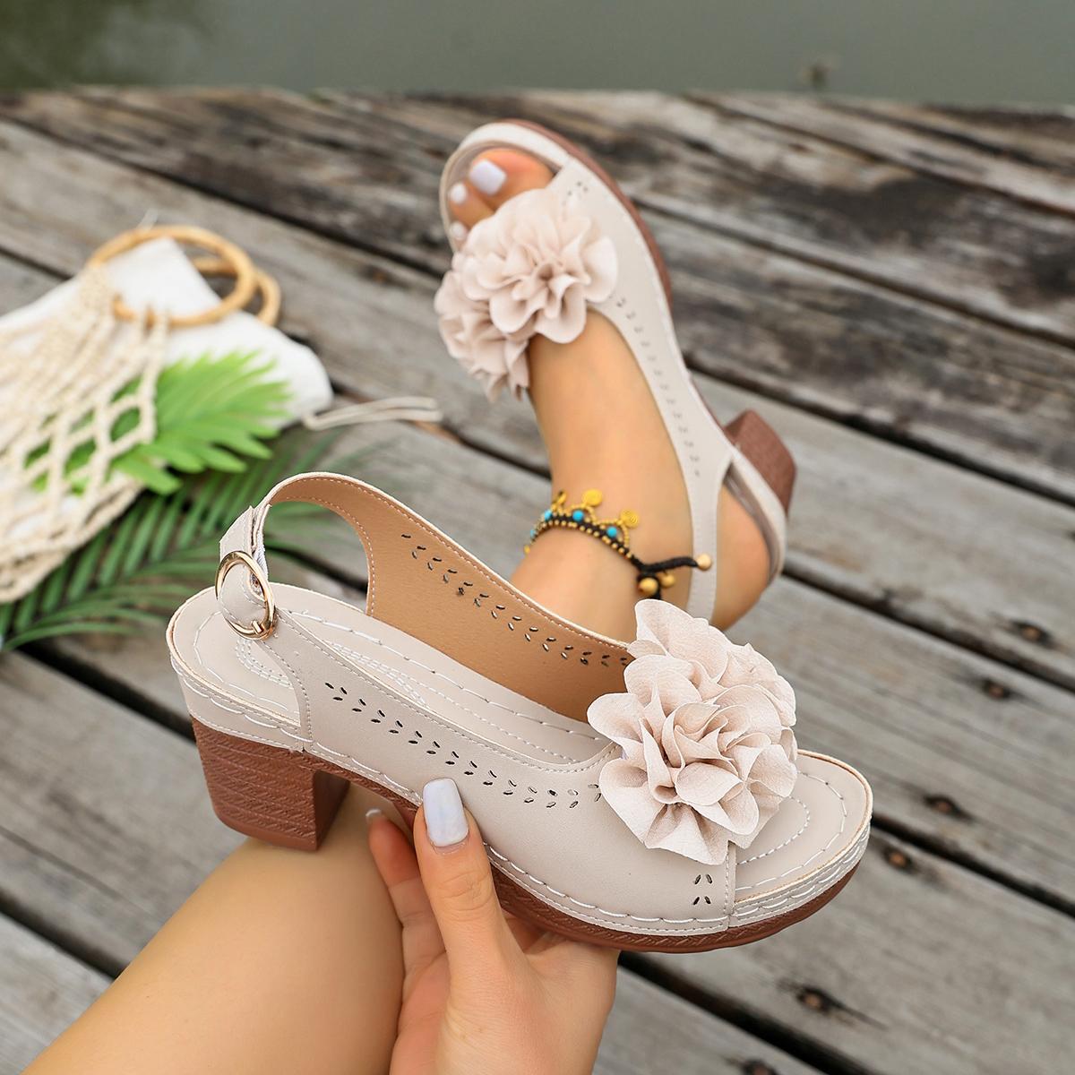 Women s Chunky Heel Sandals Summer Flower Hollow Beach Shoes Lightweight High Heeled Casual Sandals for Women 36