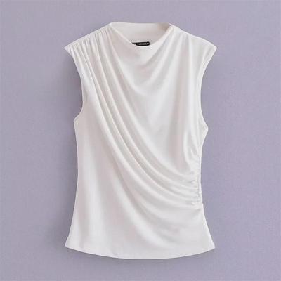2023 Spring Women's European & American Pleated Sleeveless White Top