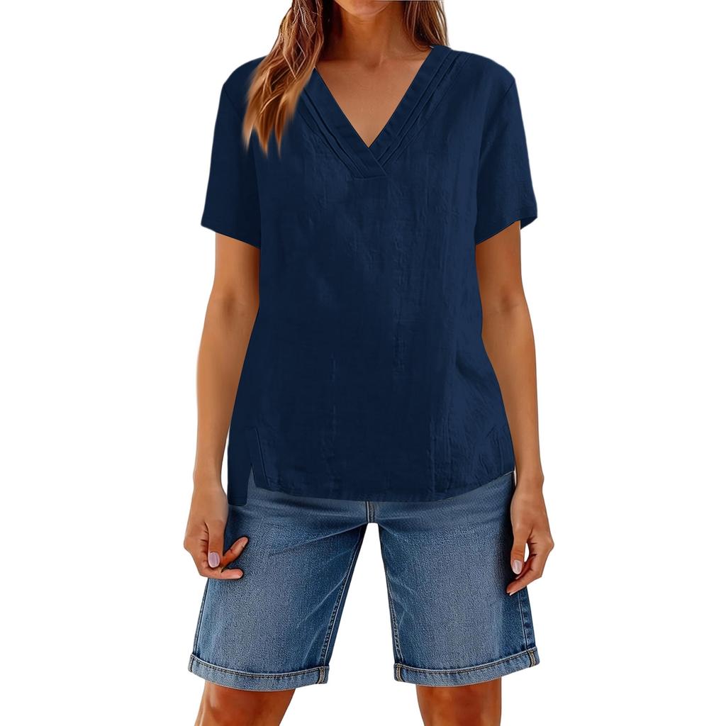 Women V Neck Asymmetrical Hem Short Sleeve Cotton Linen Casual Loose Fit Shirt Top for Daily Wear