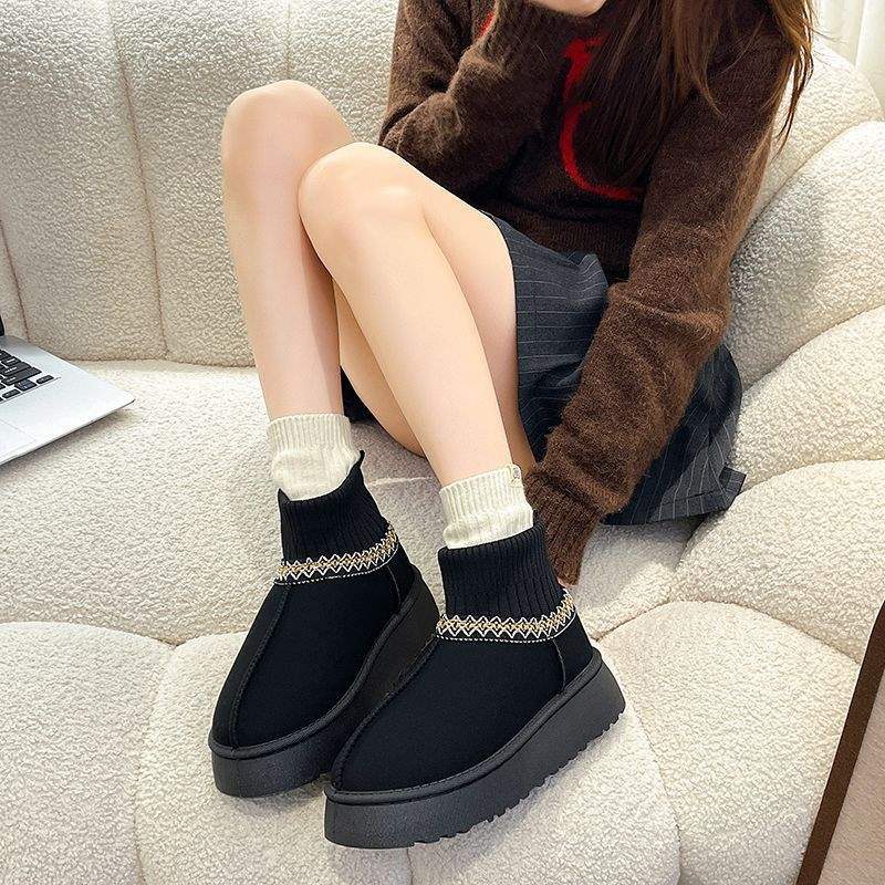 2025 νέα χειμερινά χοντρόσολα χιονιού με φλις επένδυση ζεστά μποτάκια χιονιού γυναικεία με φλις χοντρή μάλλινη επένδυση πλεκτά μποτάκια με μάλλινο στόμιο