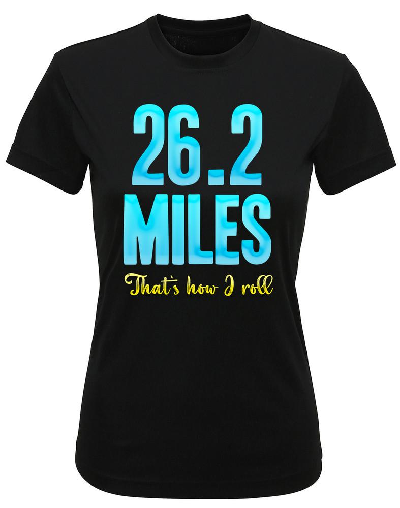 

Женская футболка из переработанного материала для выступлений 26,2 мили Как я качусь Бег Бег трусцой Спортзал TriDri L