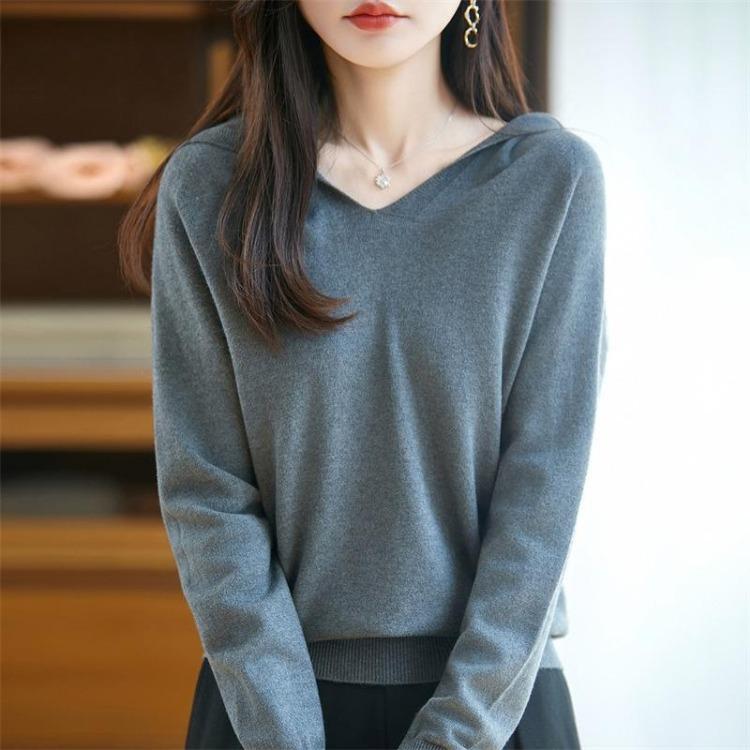 Warm V Neck Hooded Knitted Sweater for Women Autumn Winter Hoodie Sweater