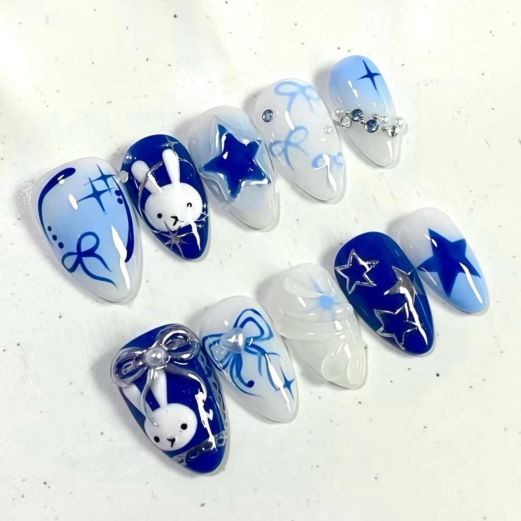 24PCS Cartoon Apple Almond False Nails Fresh Green Fruit French French Sweet Star Plaid Patterns Press on Nails Wearable Ins Tip