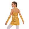 Kids Girls Jazz Dance Halter Dress Sleeveless Strappy Back Invisible Zipper Sparkling Sequins with 1 Pair Gloves for Stage Performance