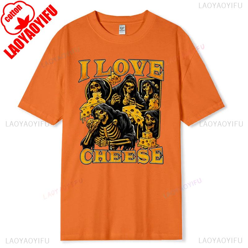 Skeleton Shirt Funny Meme I Love Cheese Cursed Tee Cotton Summer Short Sleeve Casual Stupid Graphic Shirt Edgy Humor Gift