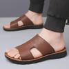Men's Genuine Leather Summer Slippers: Handmade, Non-Slip Flip Flops with Soft Full Cowhide and Cushioning Sole.