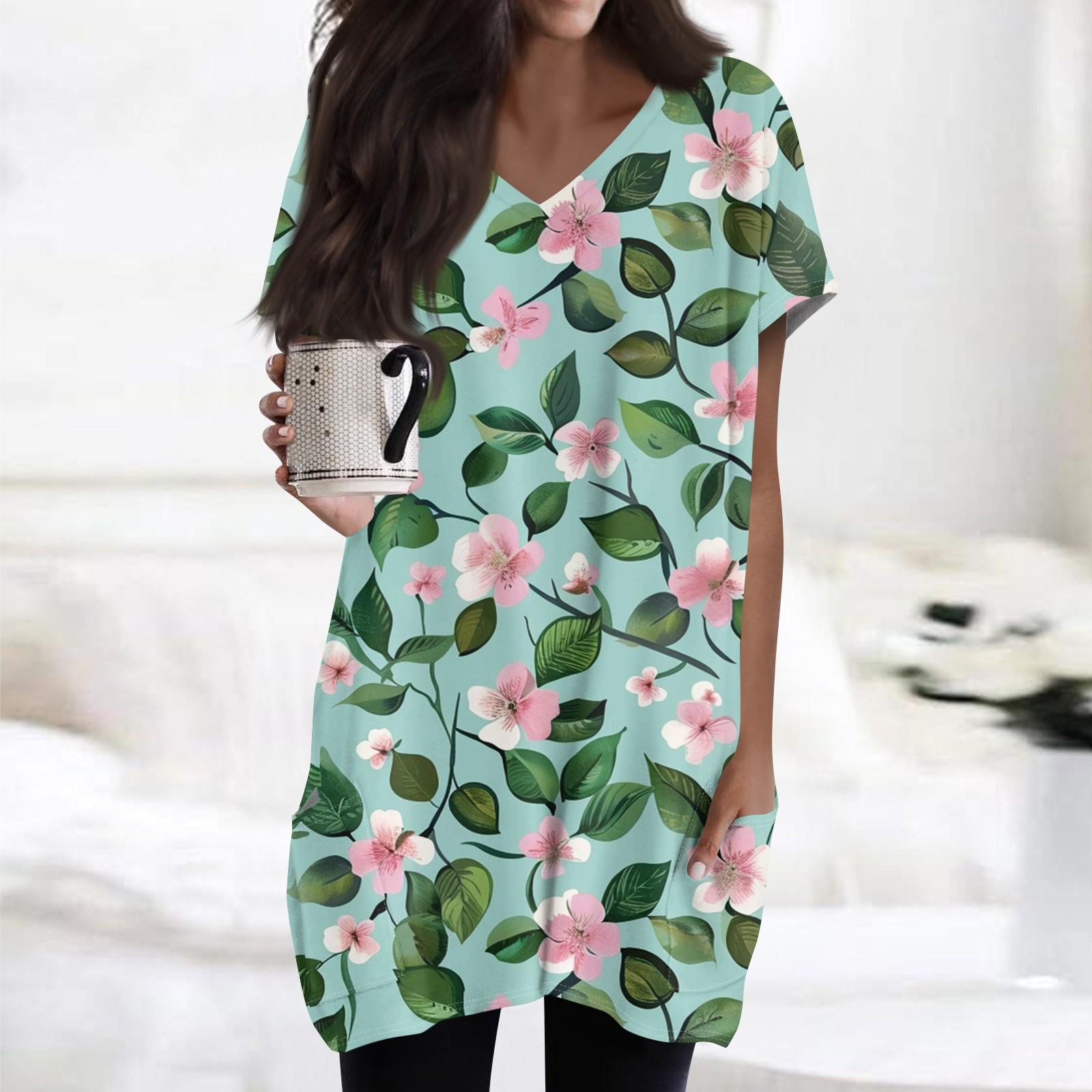 

Women s Retro Flower And Leaf Print V-Neck Midi Pocket Short Sleeve Top M