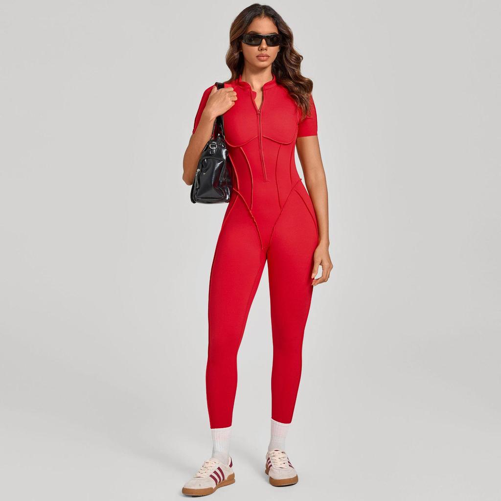Women's Short-Sleeve Half-Zip Tummy-Control Yoga Jumpsuit