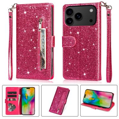 Glitzer Reißverschluss Klapphülle Für iPhone 17 16 15 14 Pro Max 13 12 11 Luxus Kartenfächer PU Leder Handyhalter Abdeckung