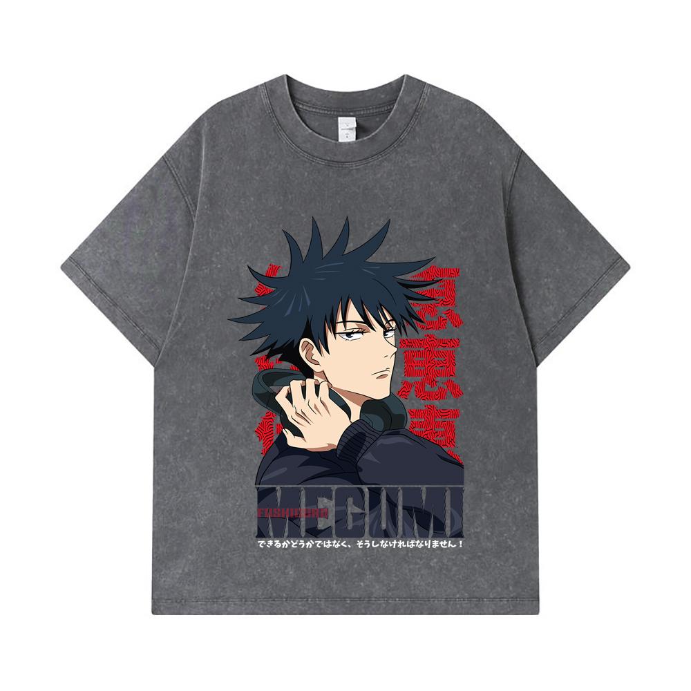 275 GSM Washed T-shirts 100% Cotton Jujutsu Kaisen V38 Megumi Print Unisex Heavy Cotton T Shirt
