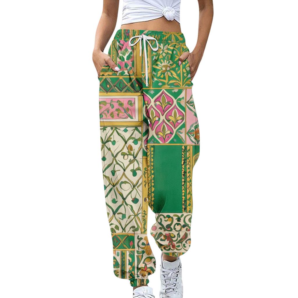 Women's Sports Pants With Pockets Fashion Floral Print Elastic Waist Pants Casual Sweatpants Pants