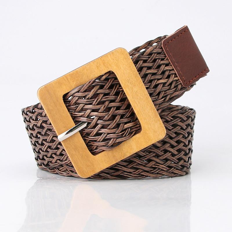 Womens Minimalist Pu Fabric Belt With Wooden Buckle For Chic Office And Casual Looks
