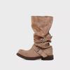 Sheepskin Version~ Western Cowboy Pleated Pile Boots Women's 2025 New Leather Thick Heel Retro Medium Tube Knight Boots