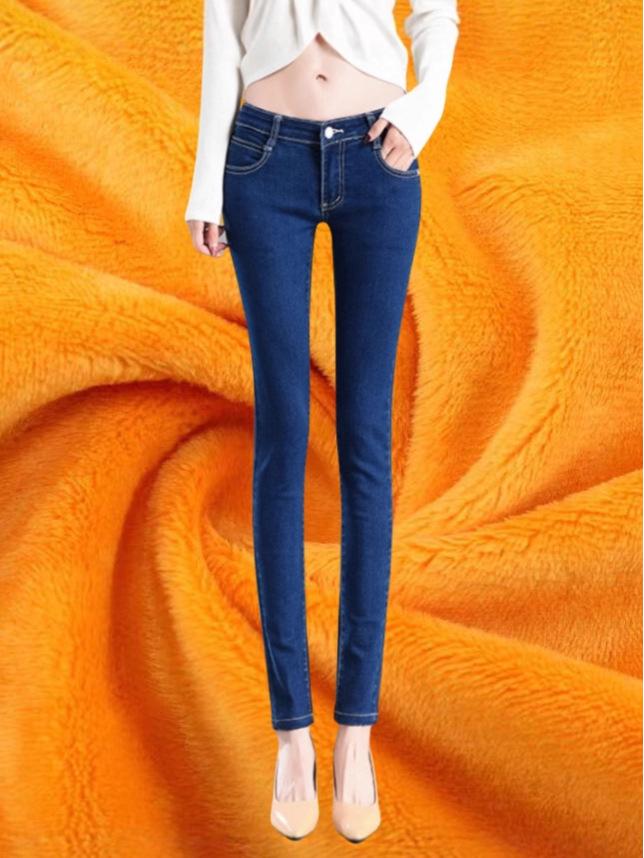 Damen Slim Fit Low-Waist Jeans mit Fleecefutter: Elastische, eng anliegende Cropped-Bleistifthosen