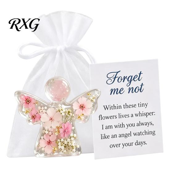 Acrylic Angel Pocket Hug Token Forget Me Not Dried Flower Keepsake, Mini Figurine, Handmade Floral Ornament Memorial Comfort Angels Gift with Sympathy