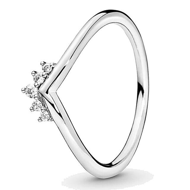 925 Sterling Silver Tiara Wishbone Ring Clear Sparkling Crown Solitaire Ring For Women Fashion Jewelry