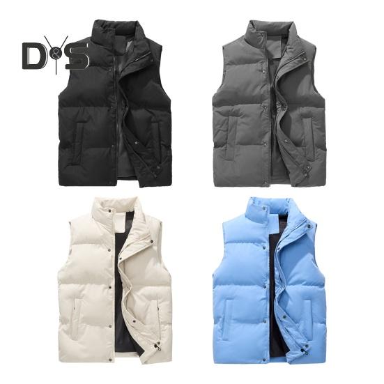 Men Windproof Vest Stand Collar Sleeveless Button Zipper Closure Waistcoat with Pockets Solid Color Thickened Down Vest Coat