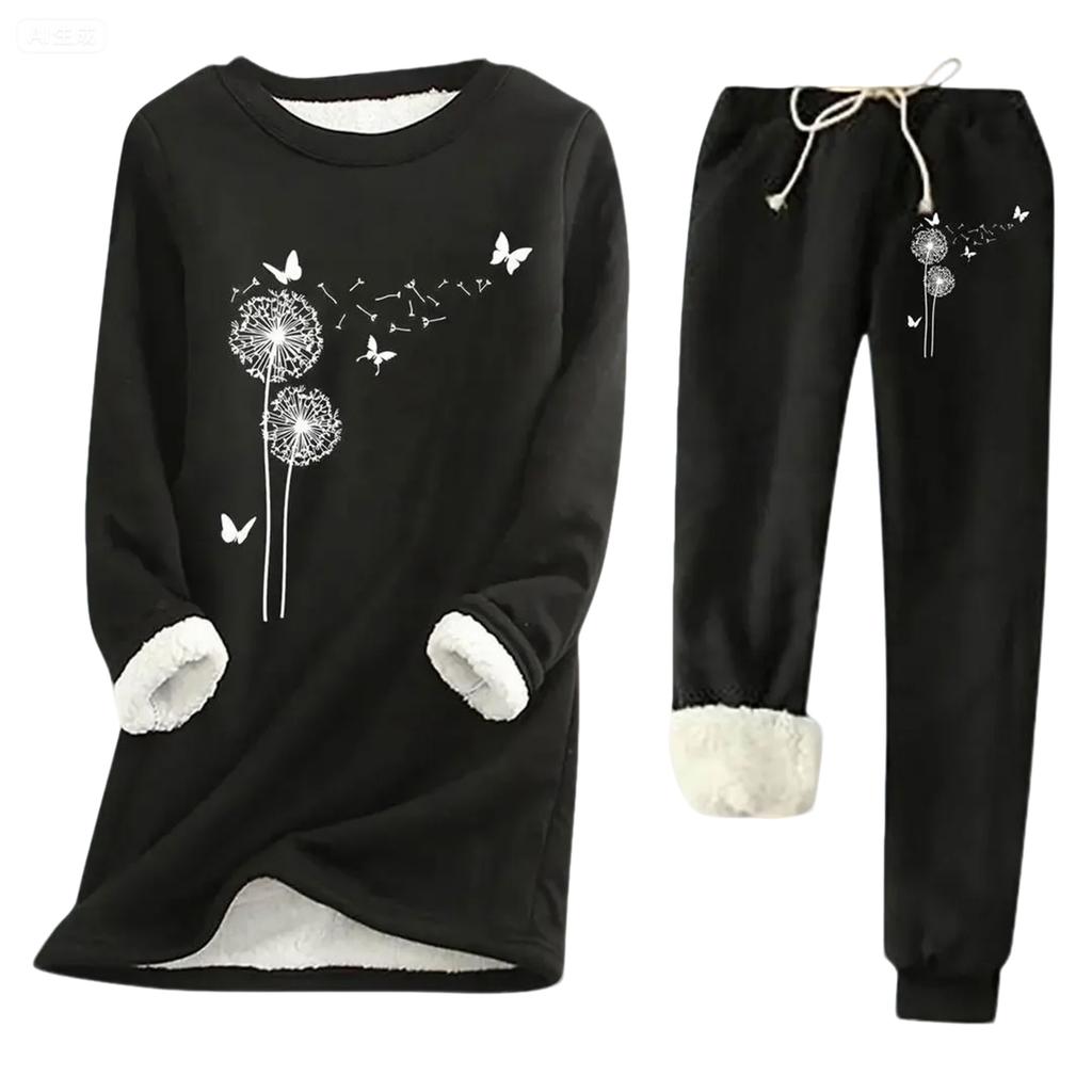 Women's Print Round Neck Warm Suit Long Sleeve Fleece Drawstring Sweatpants Two-Piece Set