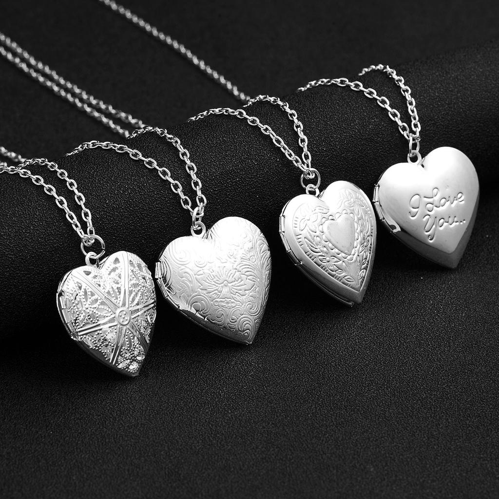 Unique Silver Color Photo Frame Pendant Necklace Carved Designs Heart-shaped Openable Locket Necklace Family Jewelry Gift