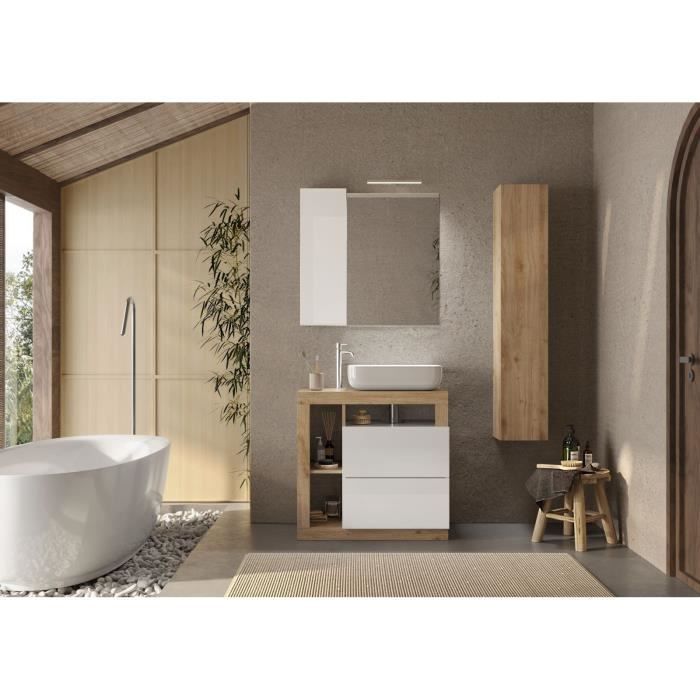 Bathroom Furniture Set 78cm Single Basin + Column - Light Oak and White Lacquer - HAMBURG