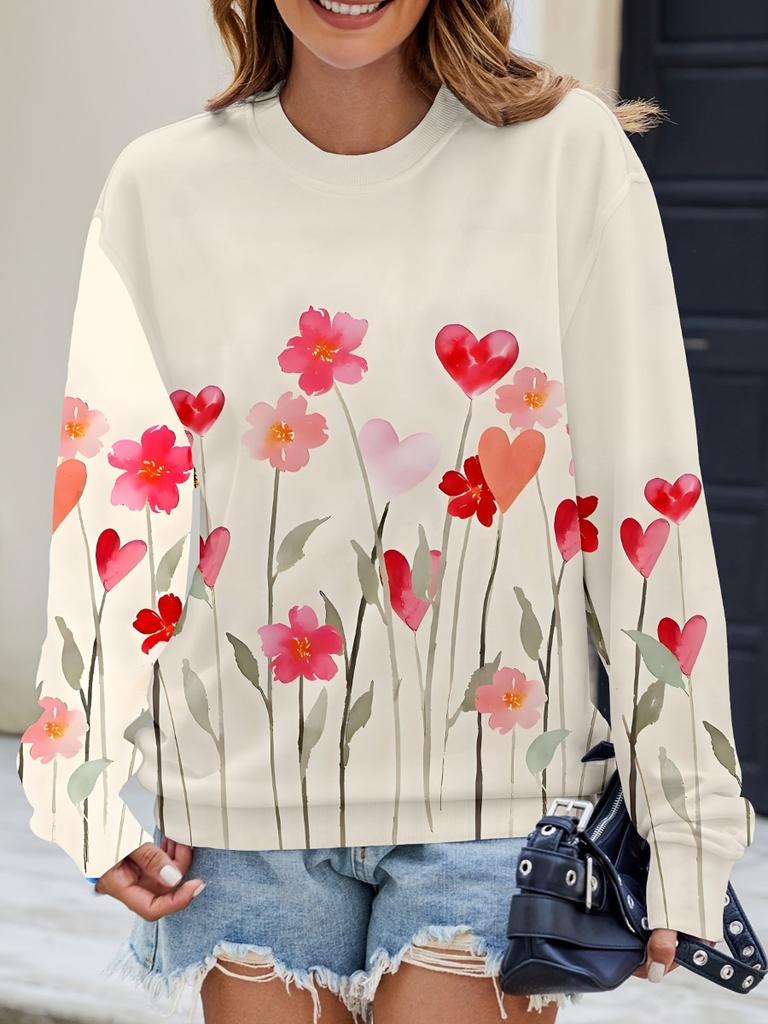 Neues Damen Buntes Schillerndes Blumenmuster Rundhals Sweatshirt Leicht Bequem Lässig Locker Übergröße Langärmliger Pullover