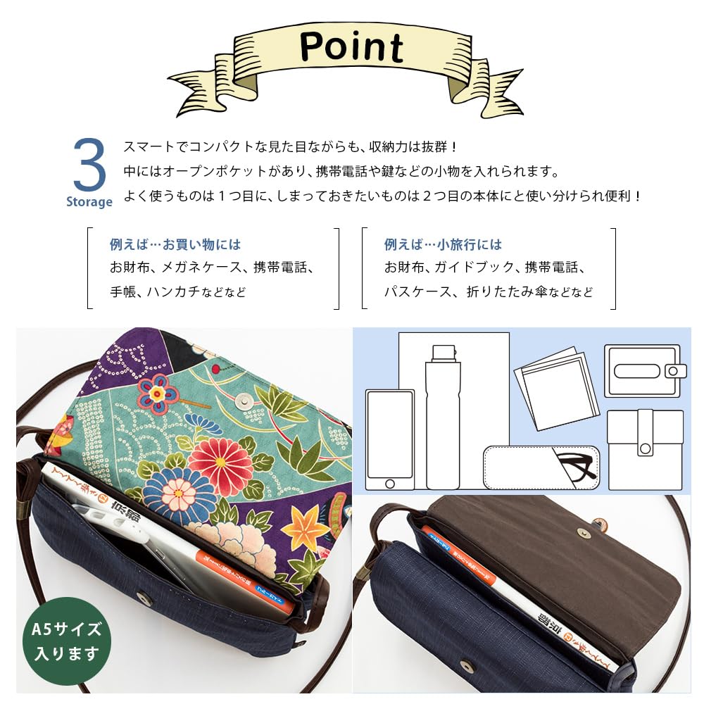 Klare Kiki Damen Leichte Schultertasche, Crossbody, Hergestellt in Japan, Indigo und Kaki-Gerbstoff gefärbt, Japanischer Stil, Hanasarasa Print, Macaron