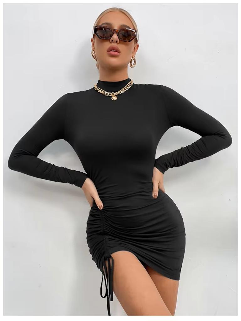 Sexy Mini šaty Bodycon zakrývající boky Dámská móda O-výstřih Dlouhý rukáv Šaty pro ženy Elegantní Štíhlé Řasení LaAe Up Vestidos