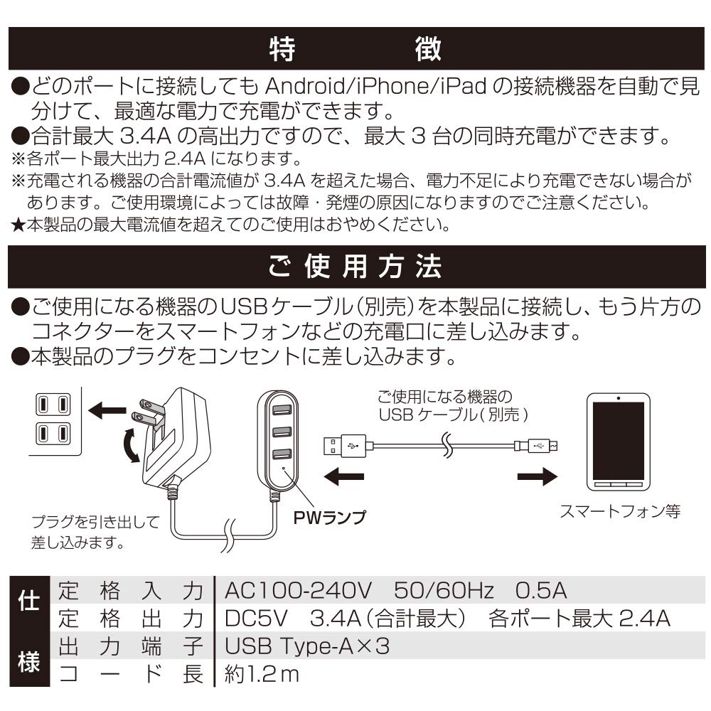 OHM Electric Corded AC USB Power 3 Adapter, Strip, Ports, MAV-AUHB34A-W, 01-3794