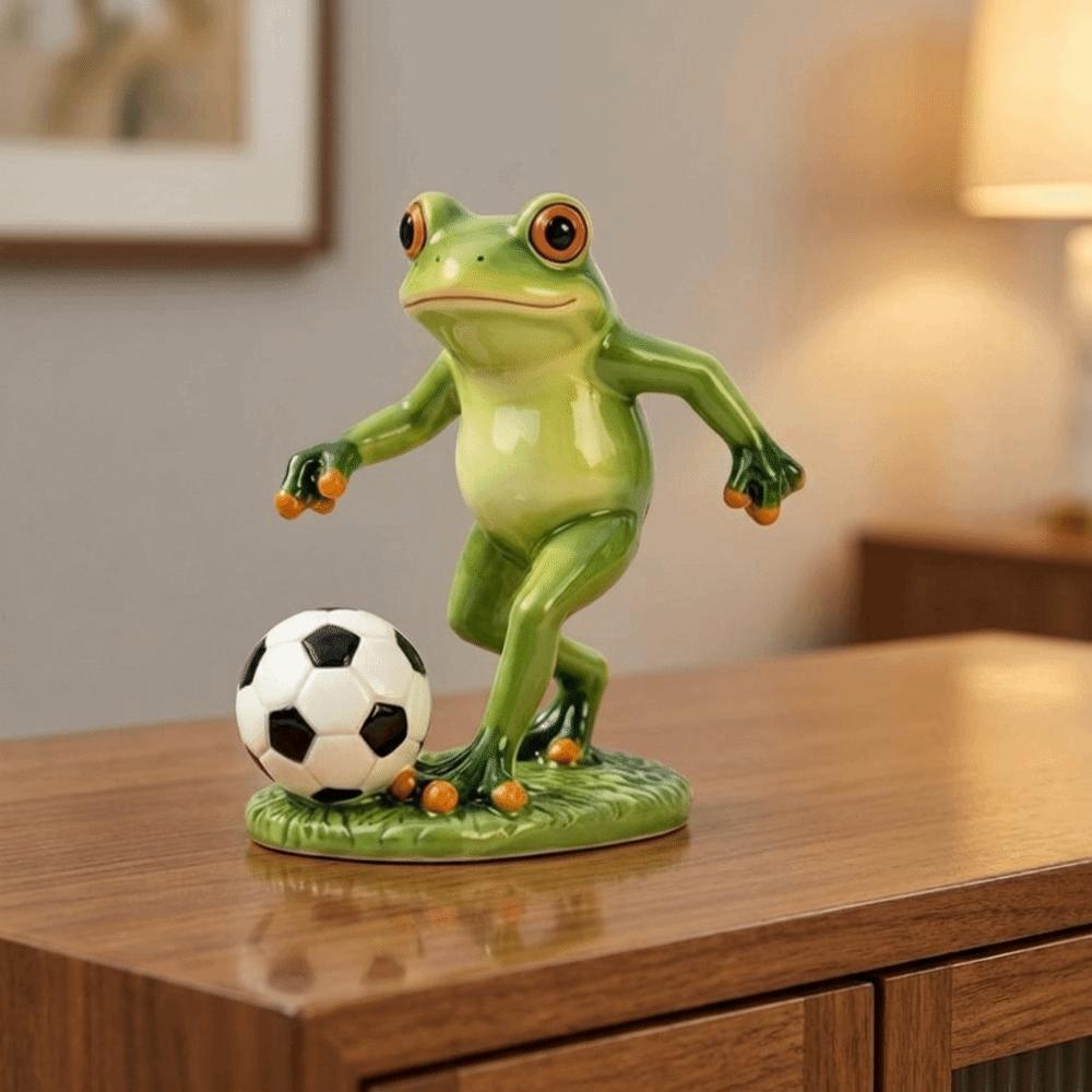 Weatherproof Frog Kicking Football Ornament Cute Frog Figurines Football Frog Sculpture Desktop