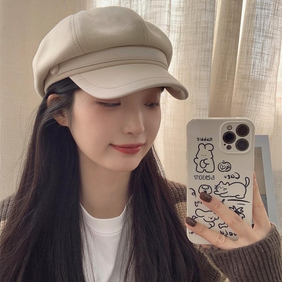 Autumn and Winter Show Face Small PU Leather Brim Octagonal Hat Women's Metal Solid Color Casual Temperament Fashionable Retro Painter Hat
