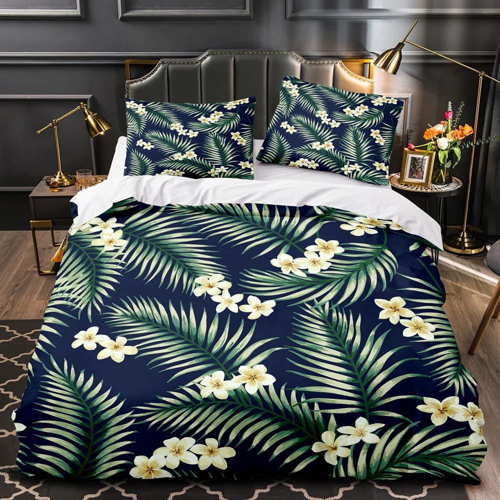 Tropical Plants Floral King Queen Duvet Cover Green Palm Leaves Bedding Set Cream-colored Flowers 2/3pcs Polyester Quilt Cover