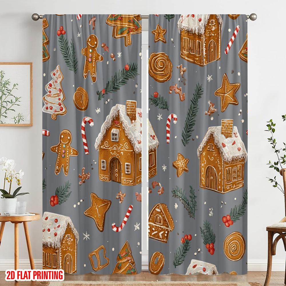2pcs,2D Plane Printing Popular Curtains Grey Gingerbread Candy Christmas Tree Sugar People Lovely Merry Christmas Versatile