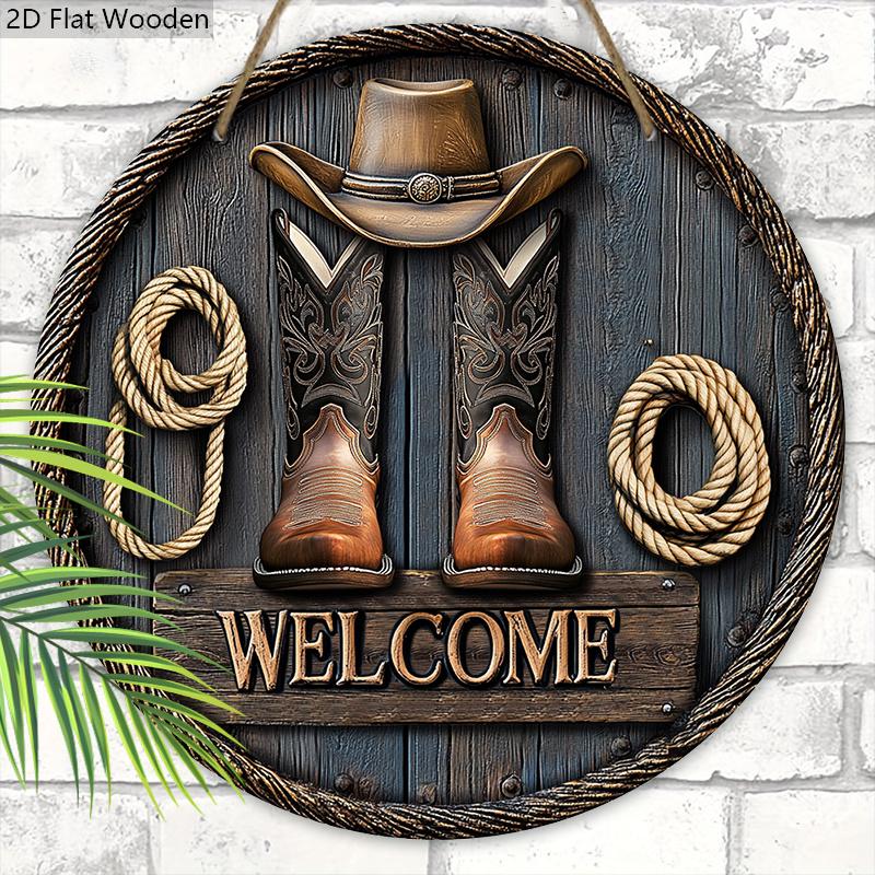 Holzschild im Western-Cowboy-Stil mit Hut-Stiefel-Muster - Rundes Schild für Haustür, Wanddeko - Ideale dekorative Hängeplakette Partydekoration