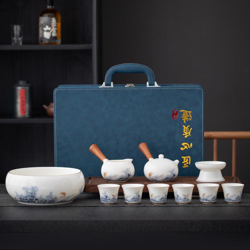 Suet jade tea set Guochao Kung Fu ceramic side handle pot white porcelain gift box business gifts