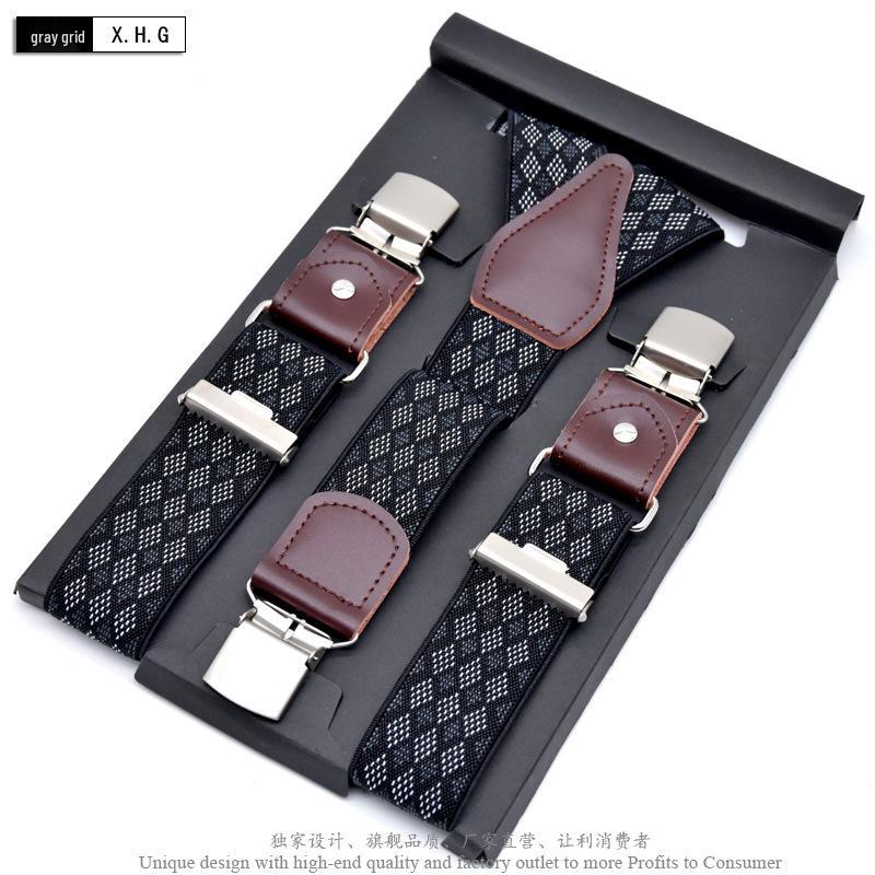 European-Style Plaid Suspenders with Leather Accents and Three-Clip Design