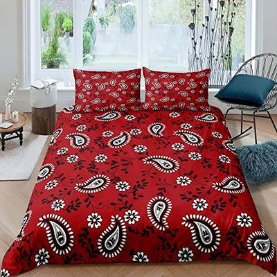 Juego de Funda Nórdica Paisley Flor Blanca sobre Fondo Rojo Funda de Edredón Patrón Floral Chic Juego de Ropa de Cama de Microfibra 3 Piezas para Niños