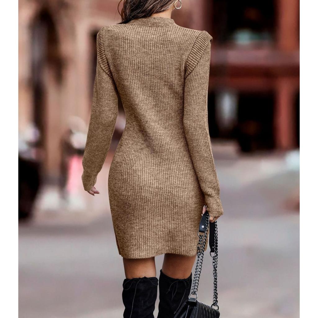 Round Neck, Long Sleeved, Hip Hugging Skirt, Knitted Skirt, Base Skirt, Sweater, Women's, Warm, Dress