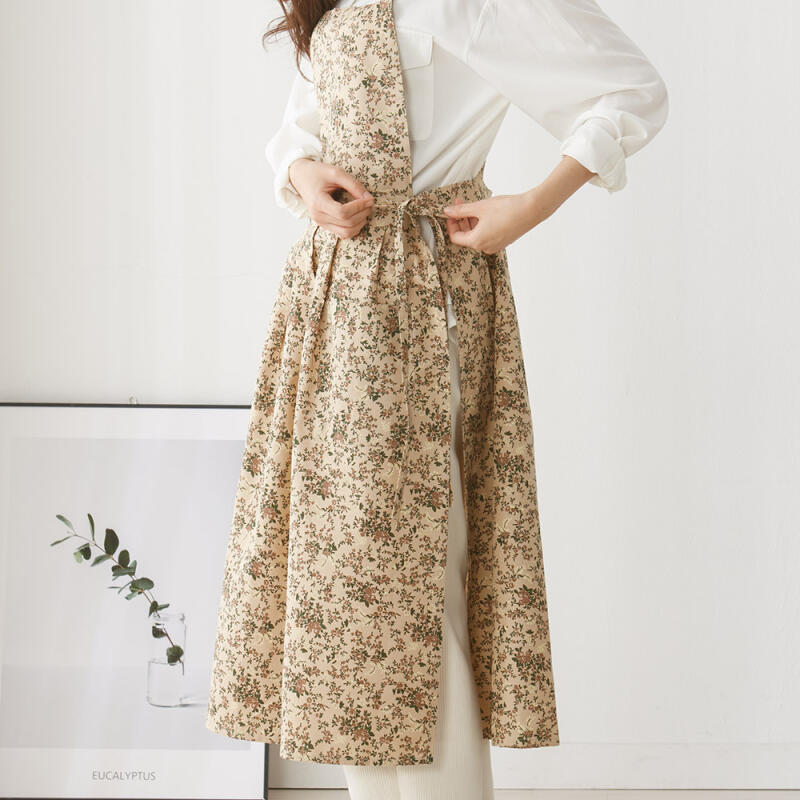 Luna Serendipity Flower Pure Cotton Team Long Waterproof Apron Beige